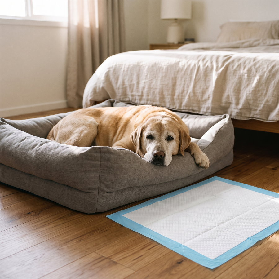 Senior labrador resting with a CloudPad beside the bed