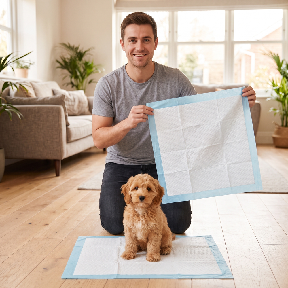 Owner holding a CloudPad with a puppy at his feet