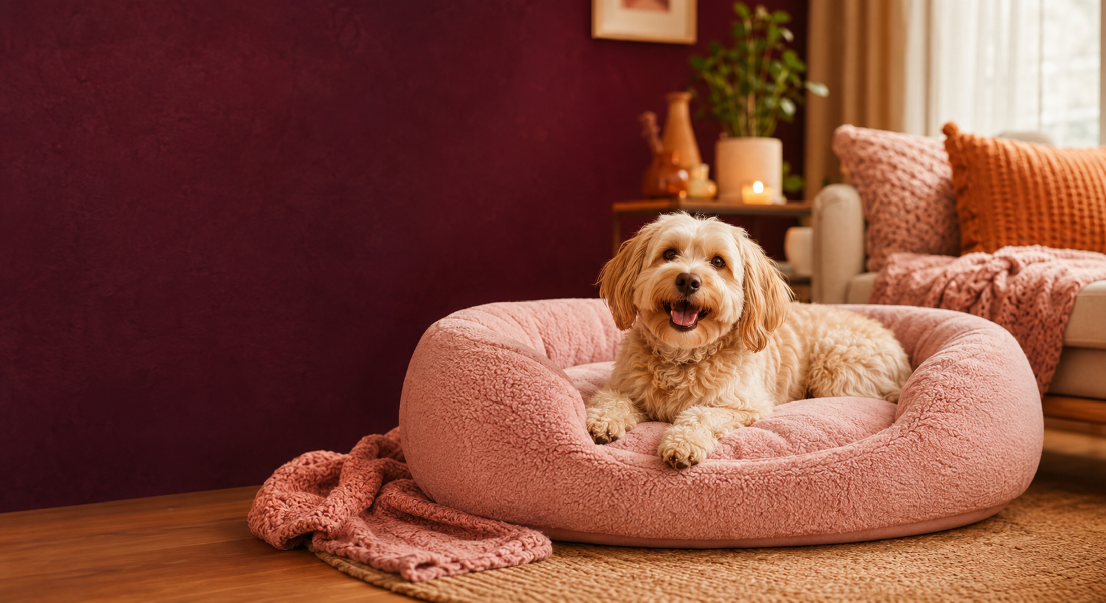 Happy fluffy dog relaxing in a blush-pink cosy bed for the Big Snug Sale